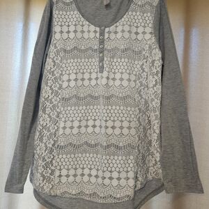No Boundaries Lace Front Long Sleeve Top - Gray and White